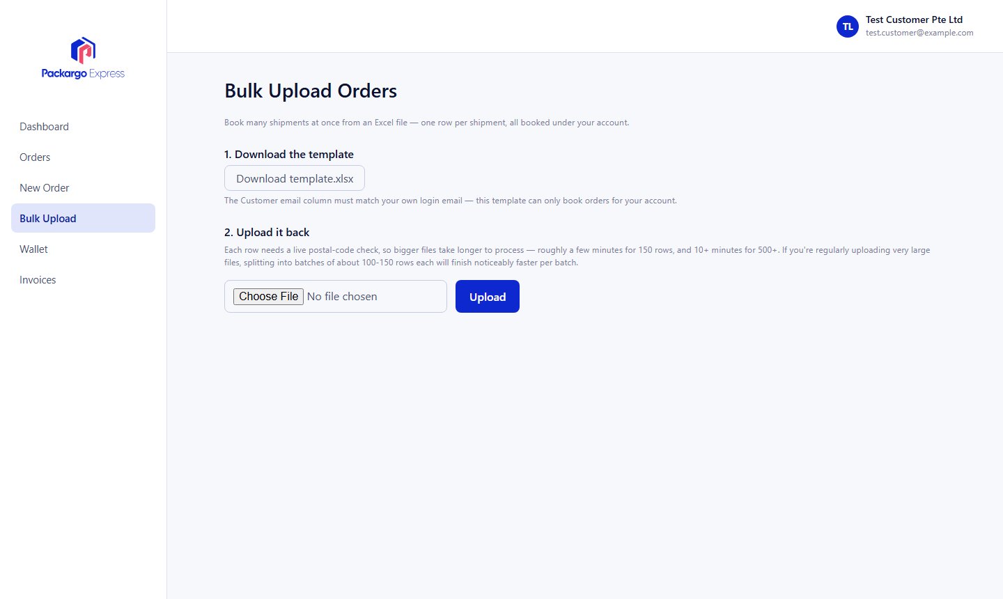 Bulk Upload Orders page