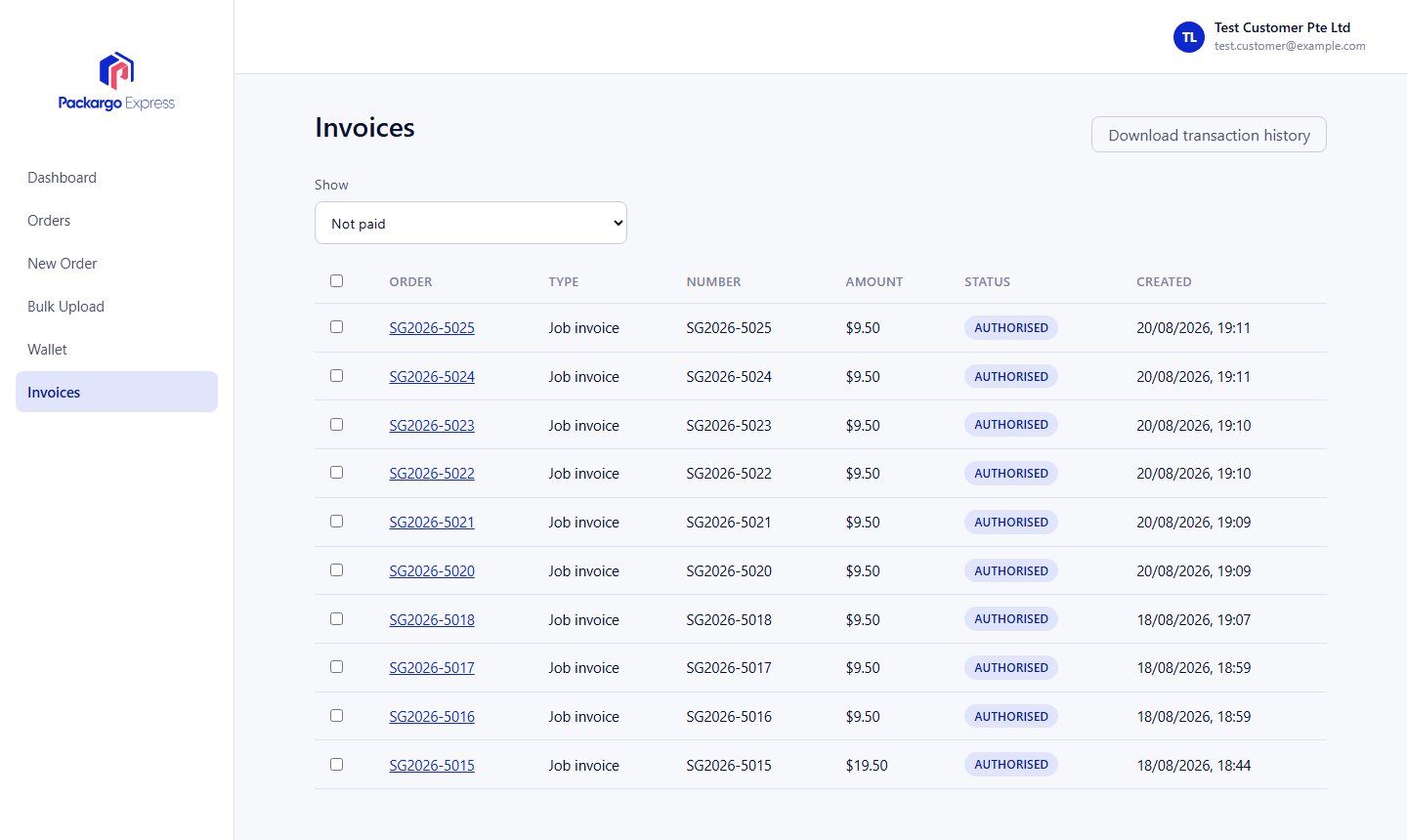 Invoices list with order, type, amount, status, and date columns
