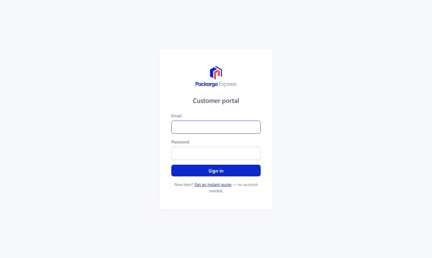 Packargo customer portal login page