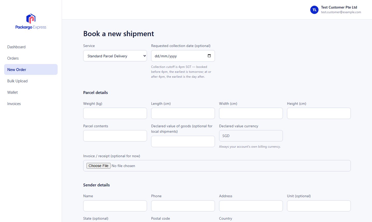New Order form, blank, showing the locked declared-value currency field
