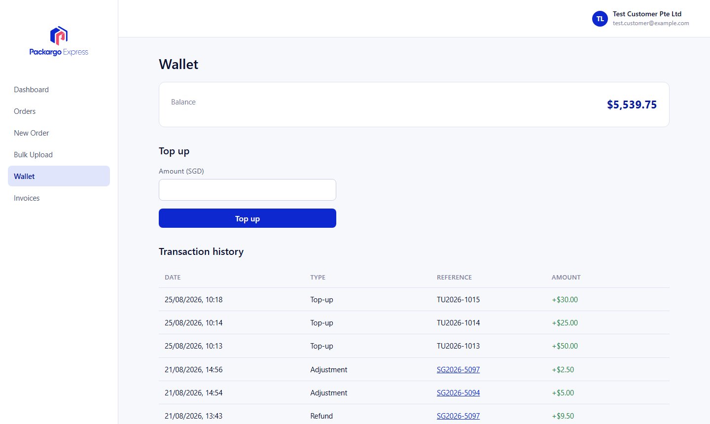 Wallet page with balance, top-up form, and transaction history