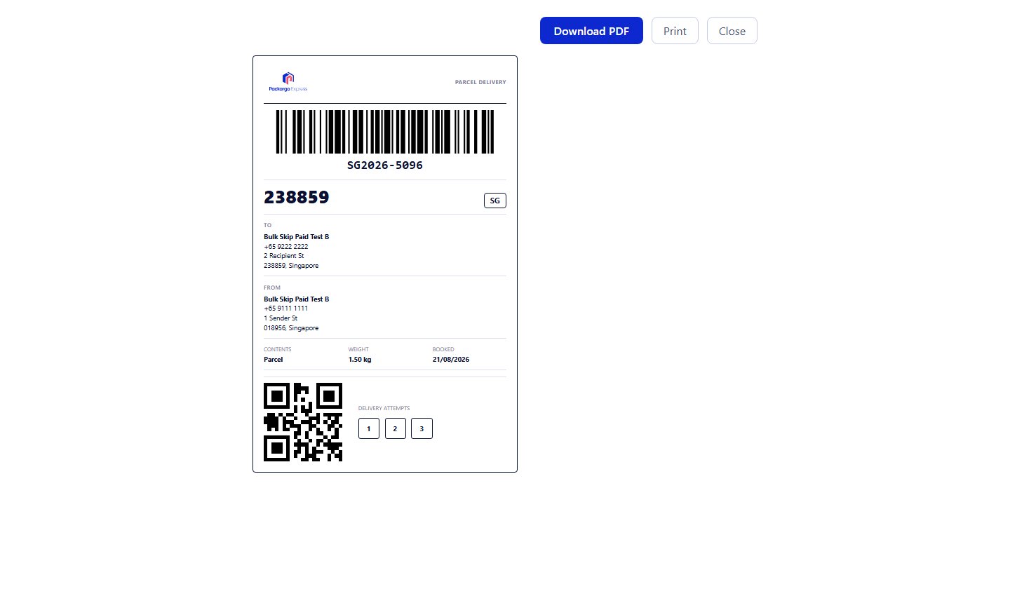 Waybill label preview with barcode and QR code